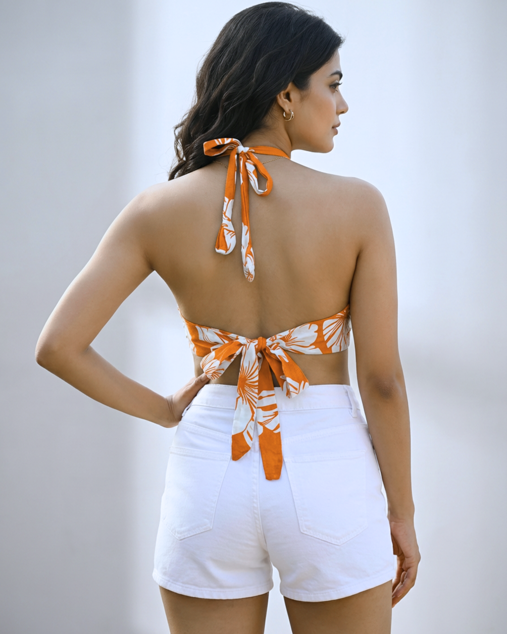 Orange Floral Back-Tie Bralette Top