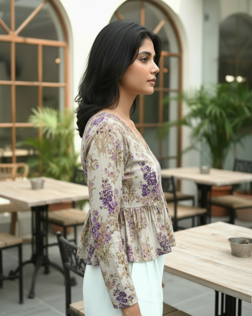 Lavender Floral V-Neck Peplum Kurti