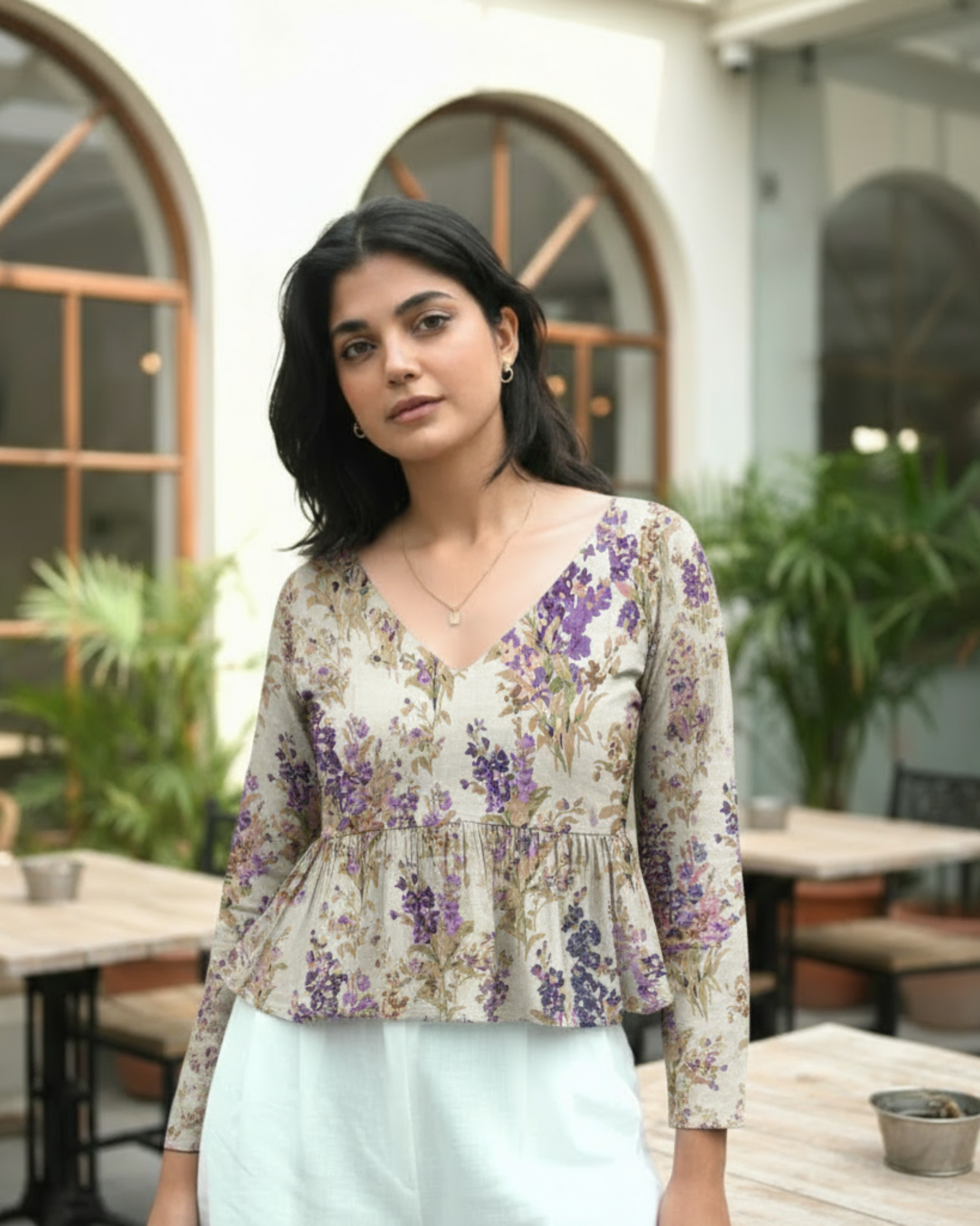 Lavender Floral V-Neck Peplum Kurti