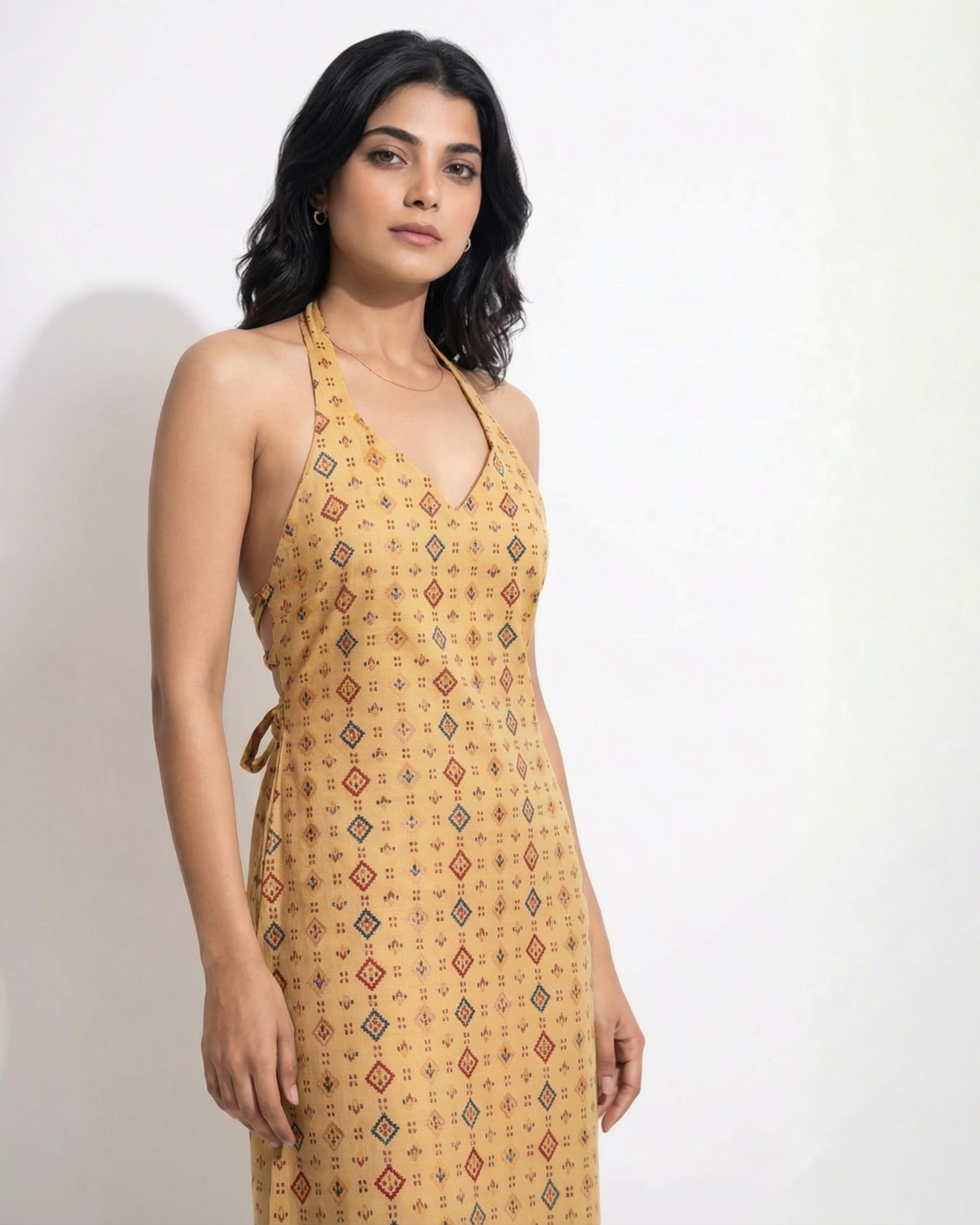 Halter-Neck Mustard Indie Print Kurti Top - SAKHIWATI 