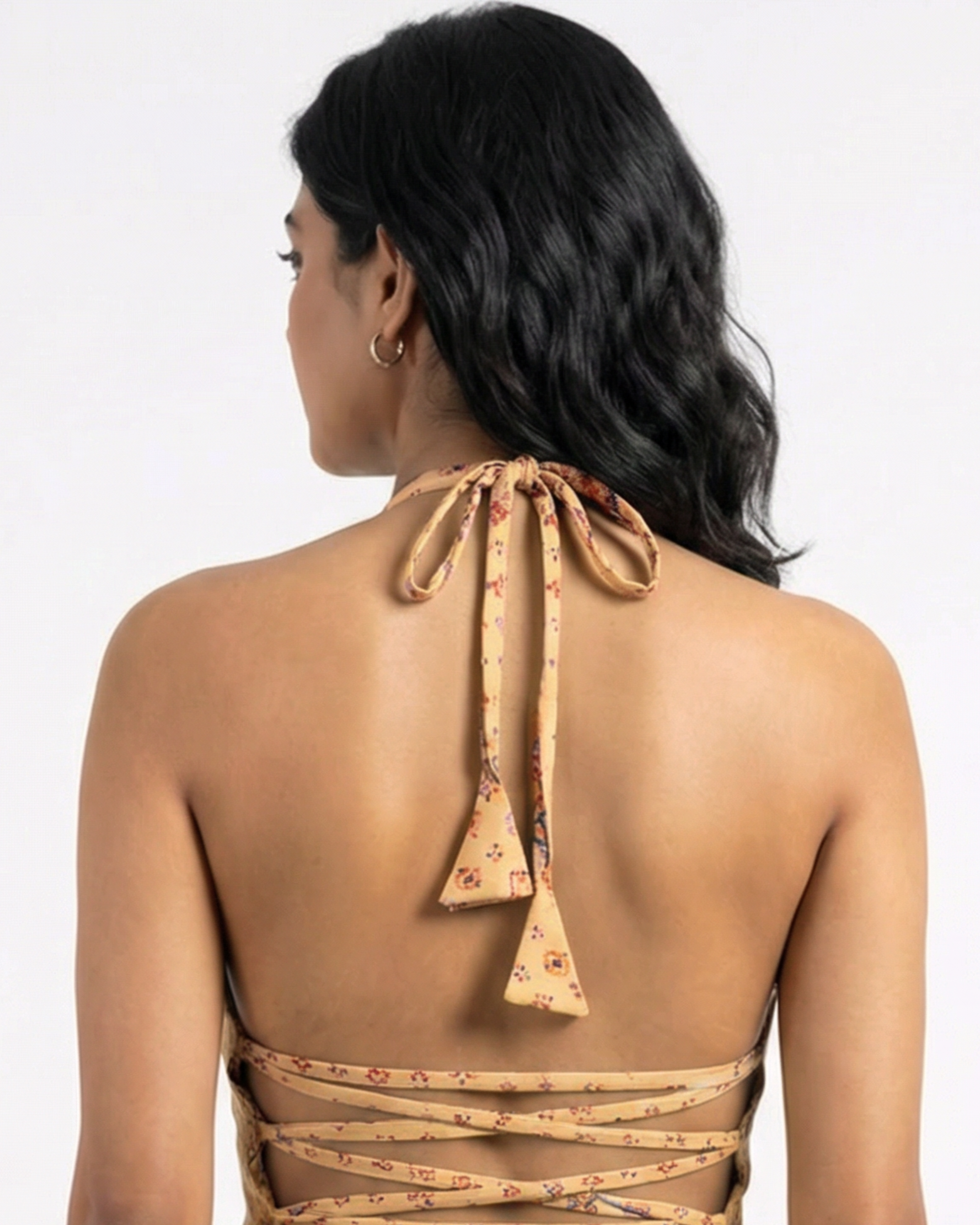 Halter-Neck Mustard Indie Print Kurti Top - SAKHIWATI 