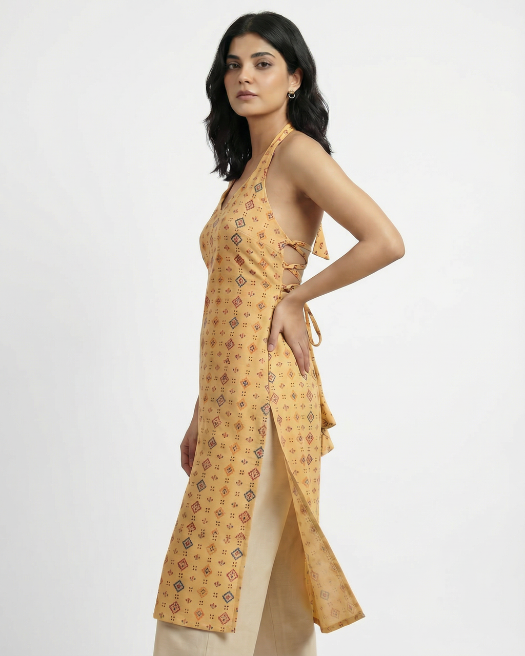 Halter-Neck Mustard Indie Print Kurti Top - SAKHIWATI 