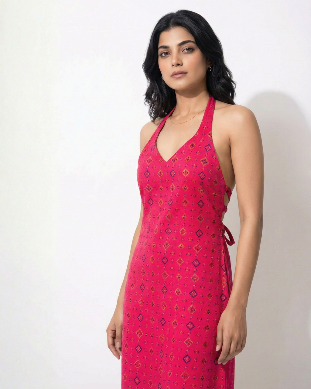 Hot pink Halter Neck Backless | Side-Tie Long Kurti - SAKHIWATI 