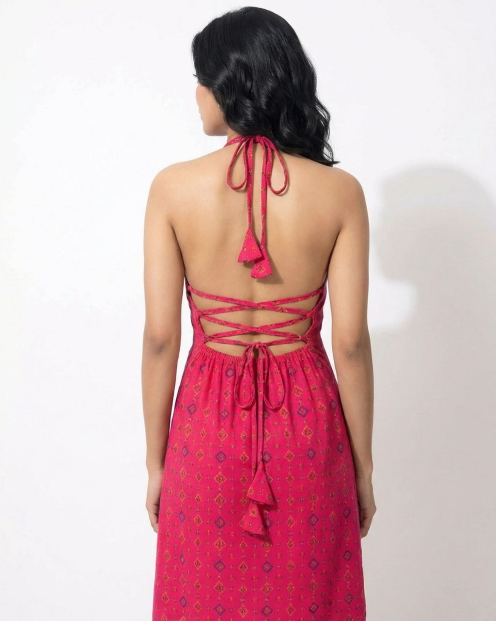 Hot pink Halter Neck Backless | Side-Tie Long Kurti - SAKHIWATI 