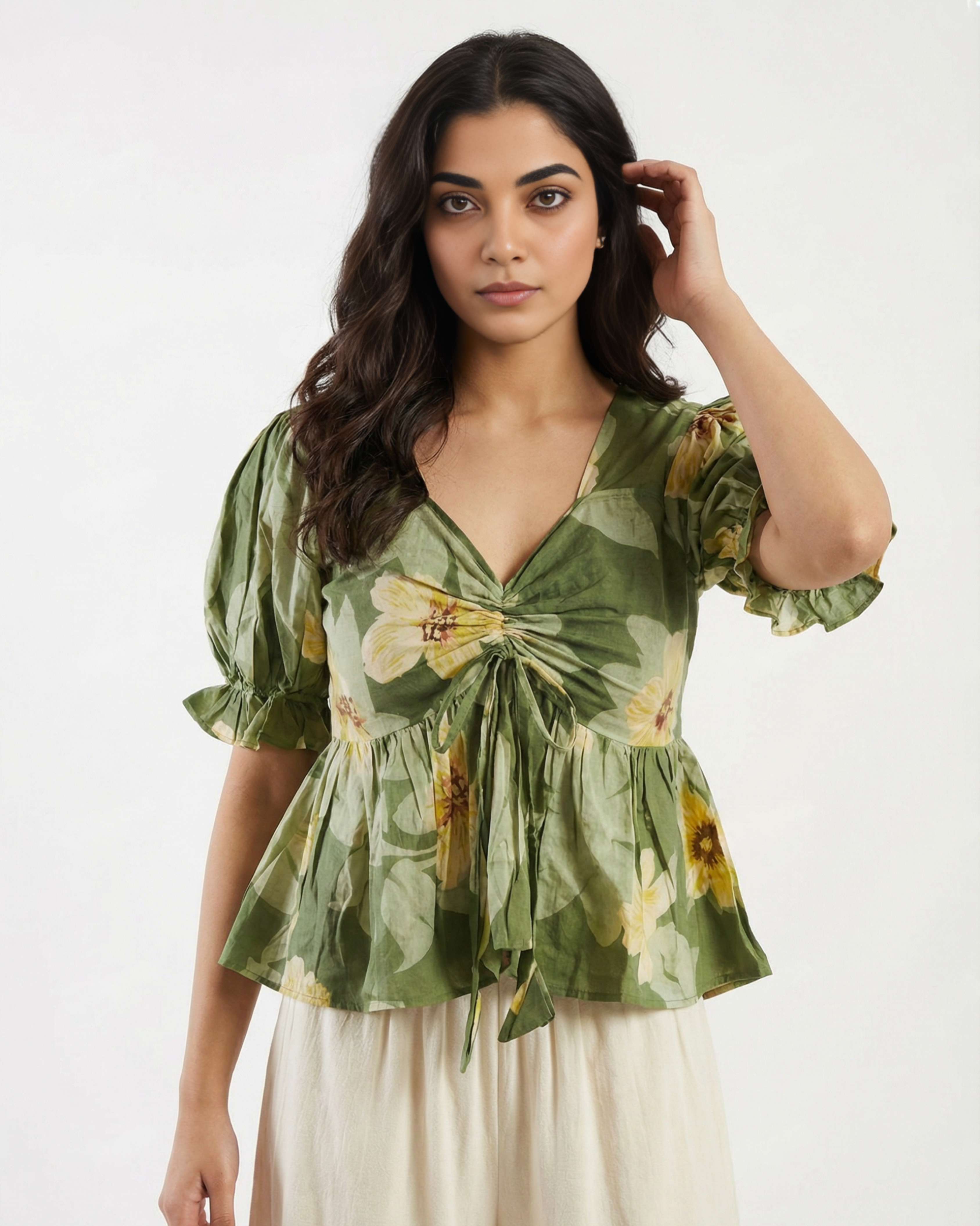 Green Floral Sweetheart Neck Ruched Peplum Top - SAKHIWATI 
