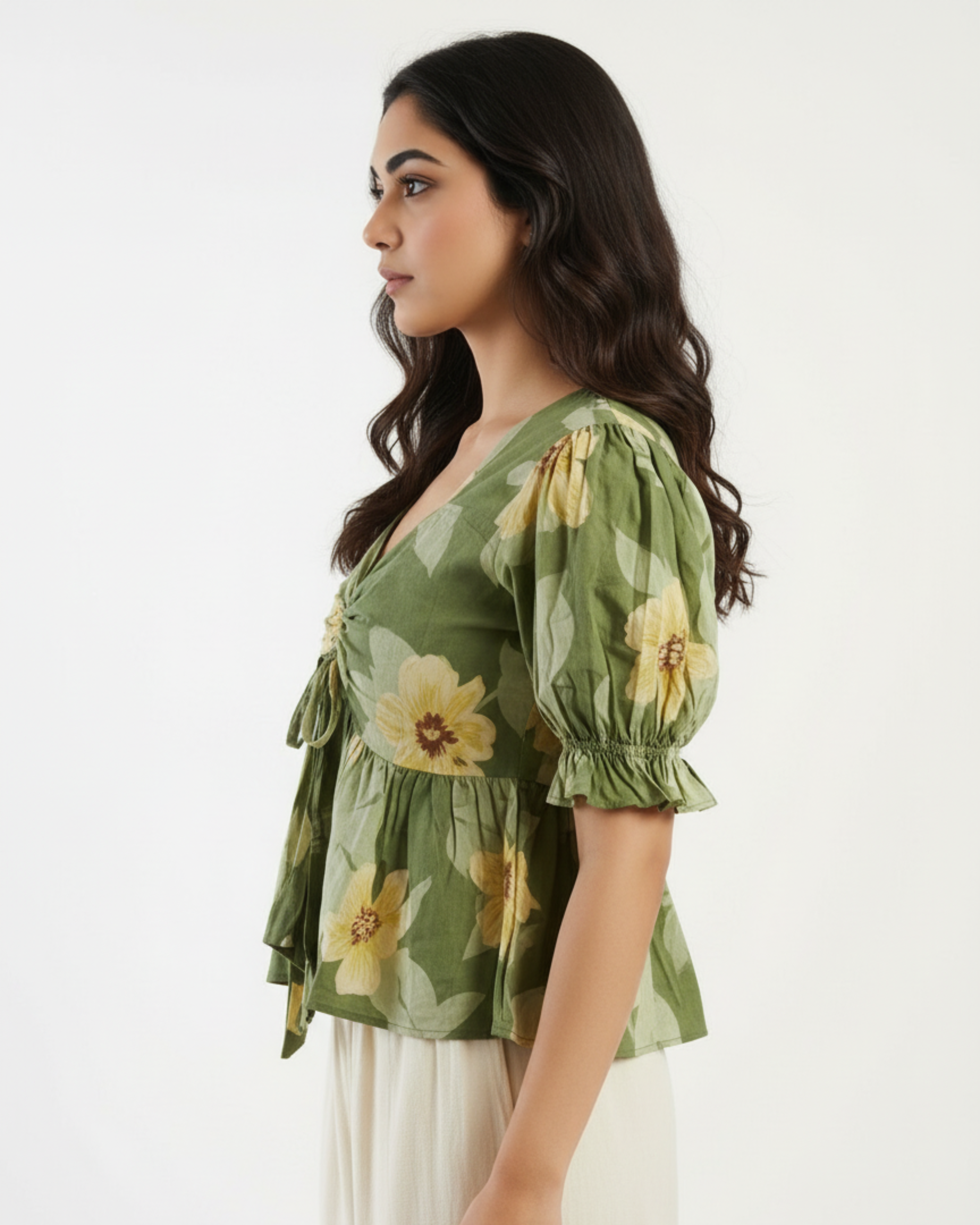 Green Floral Sweetheart Neck Ruched Peplum Top - SAKHIWATI 