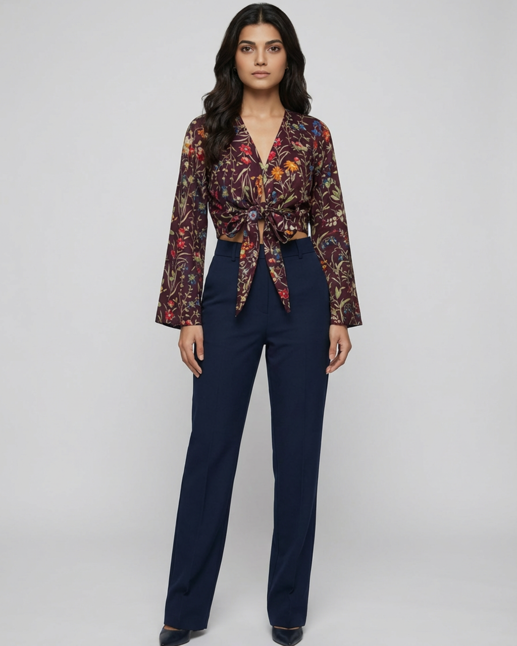 Boho Wine Floral Knot Crop Top - SAKHIWATI 