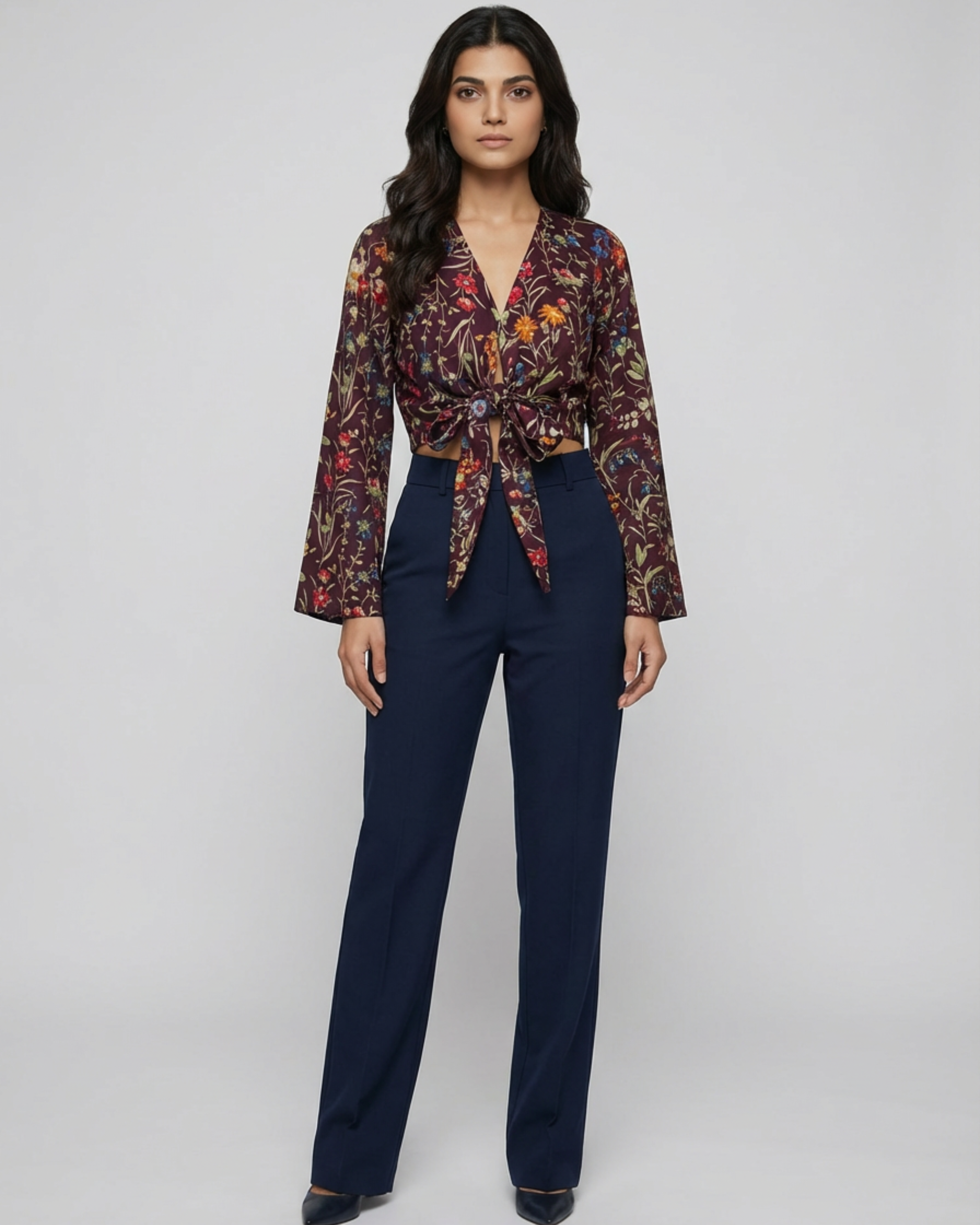 Boho Wine Floral Knot Crop Top - SAKHIWATI 