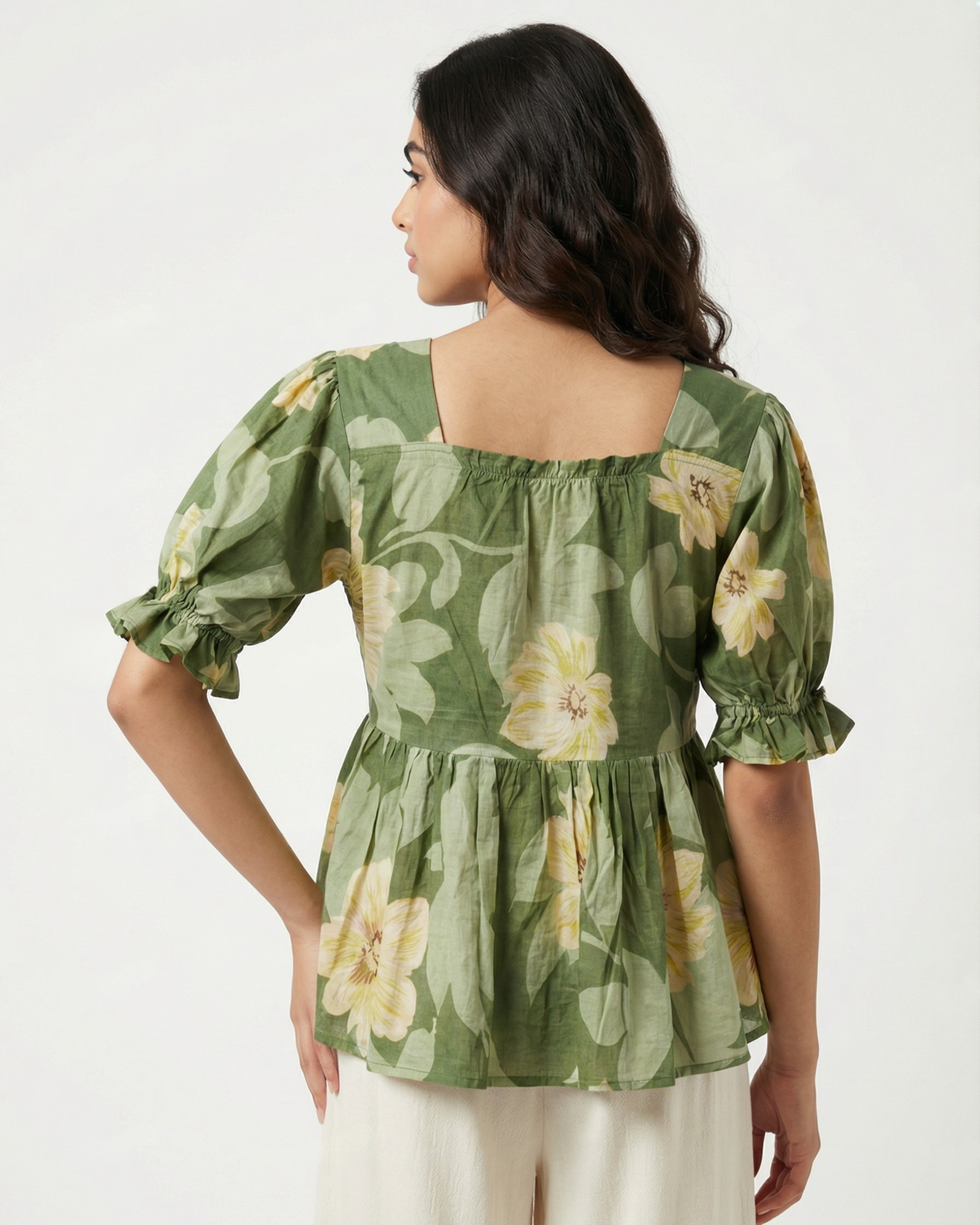 Green Floral Sweetheart Neck Ruched Peplum Top - SAKHIWATI 