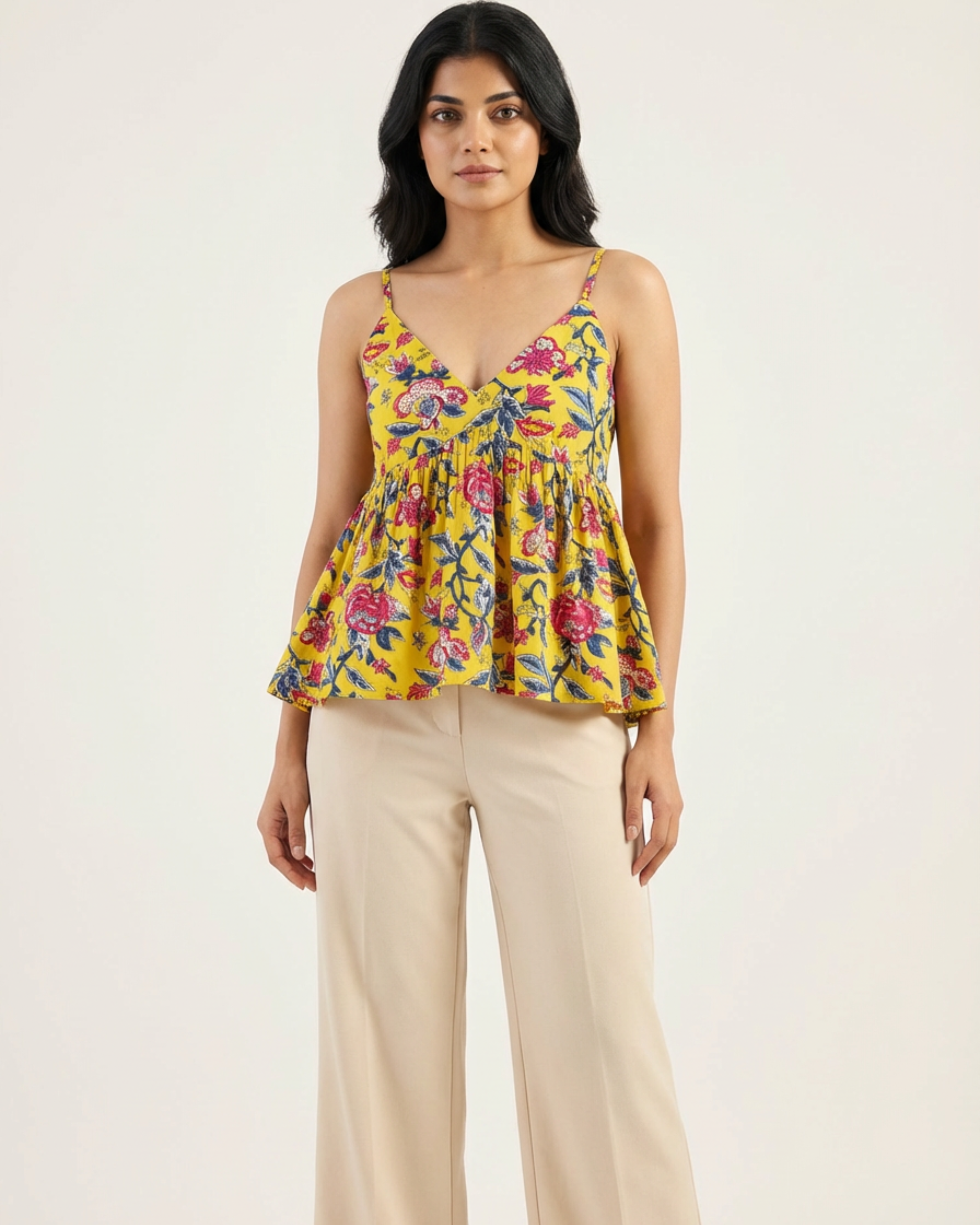 Floral Yellow Backless V-Neck Cami Top - SAKHIWATI 