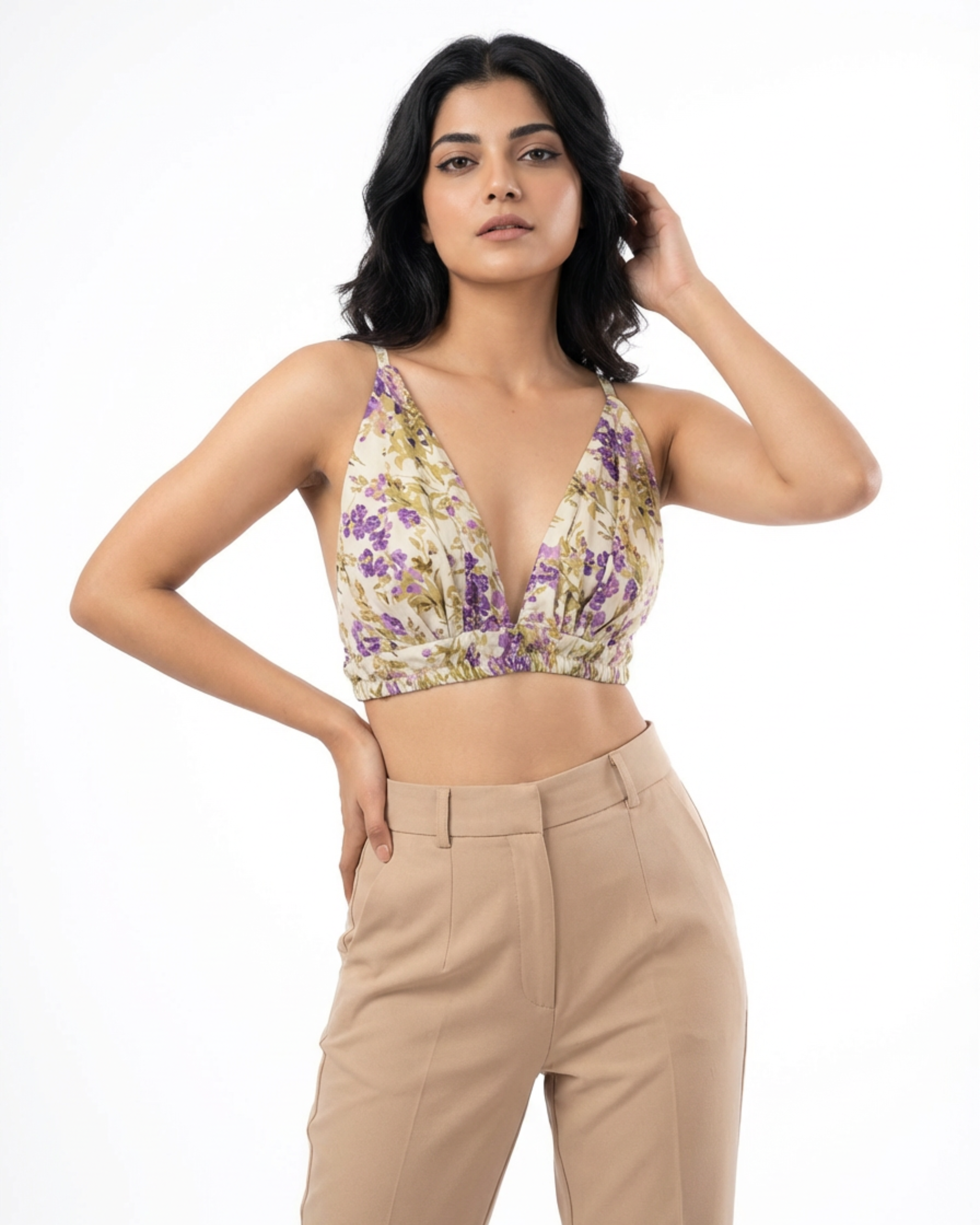 Beige & Purple Floral Deep V Bralette