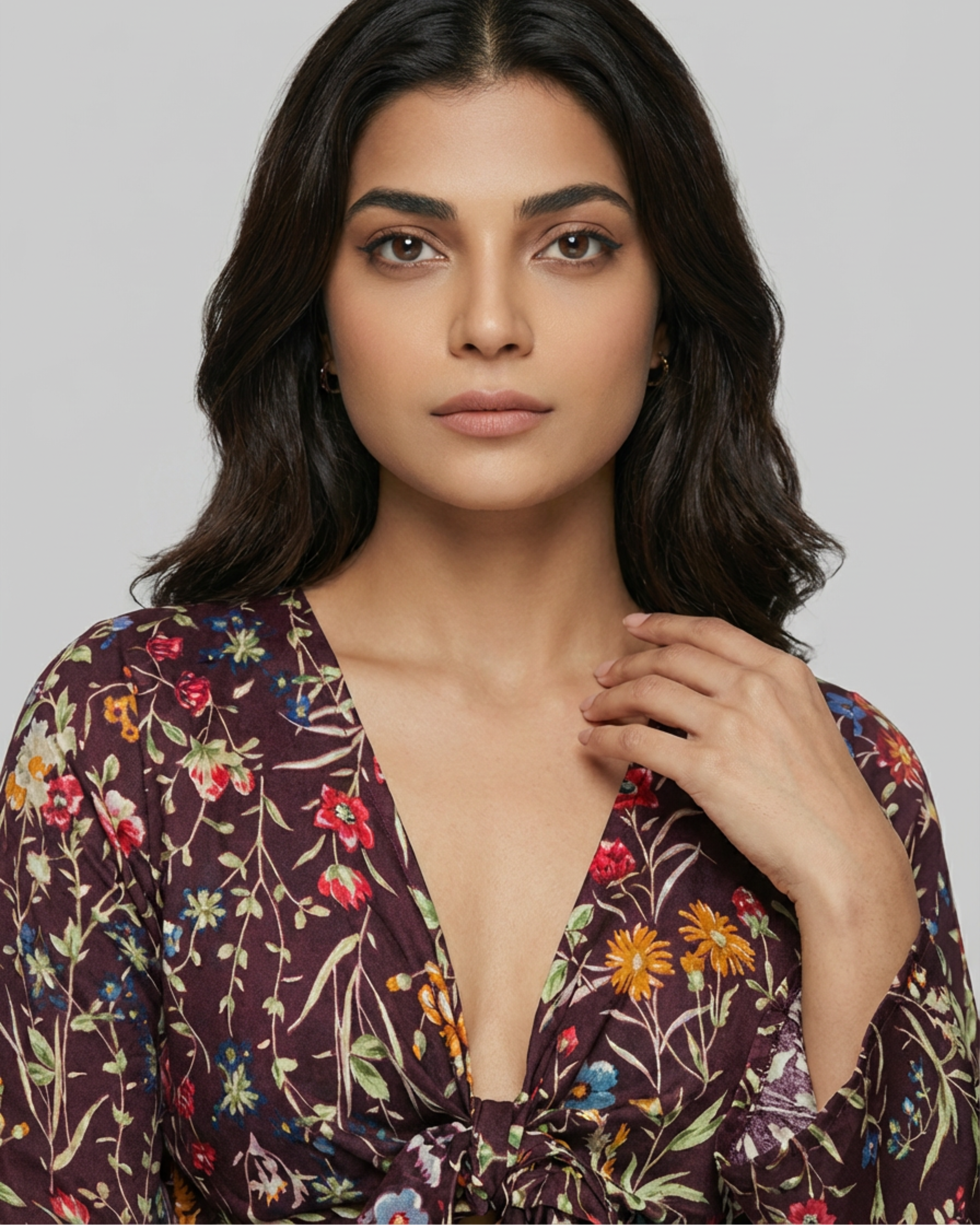 Boho Wine Floral Knot Crop Top - SAKHIWATI 