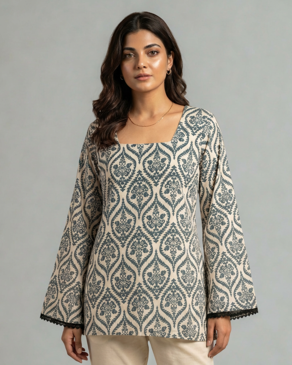 Green Print Bell Sleeve Kurta