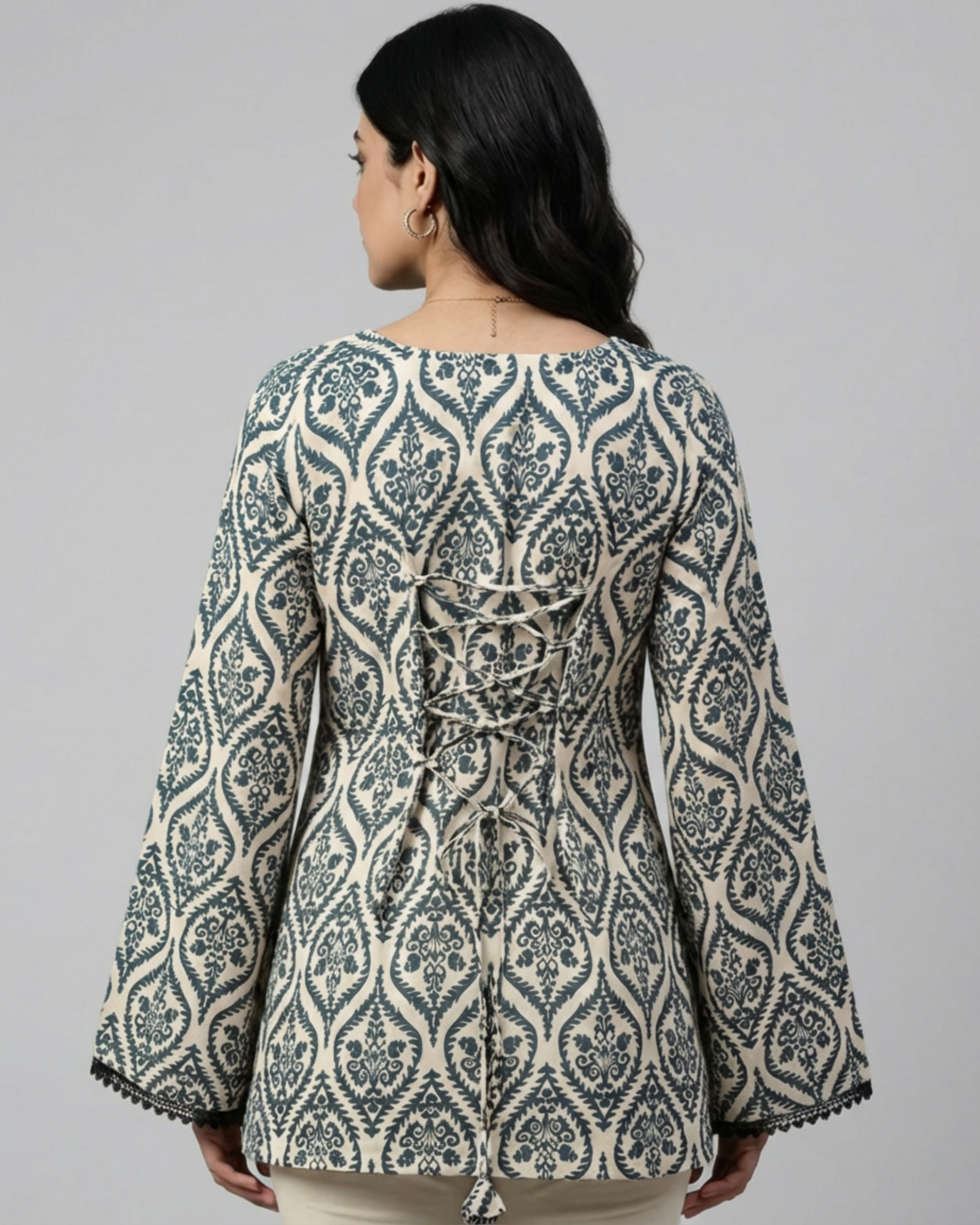 Green Print Bell Sleeve Kurta