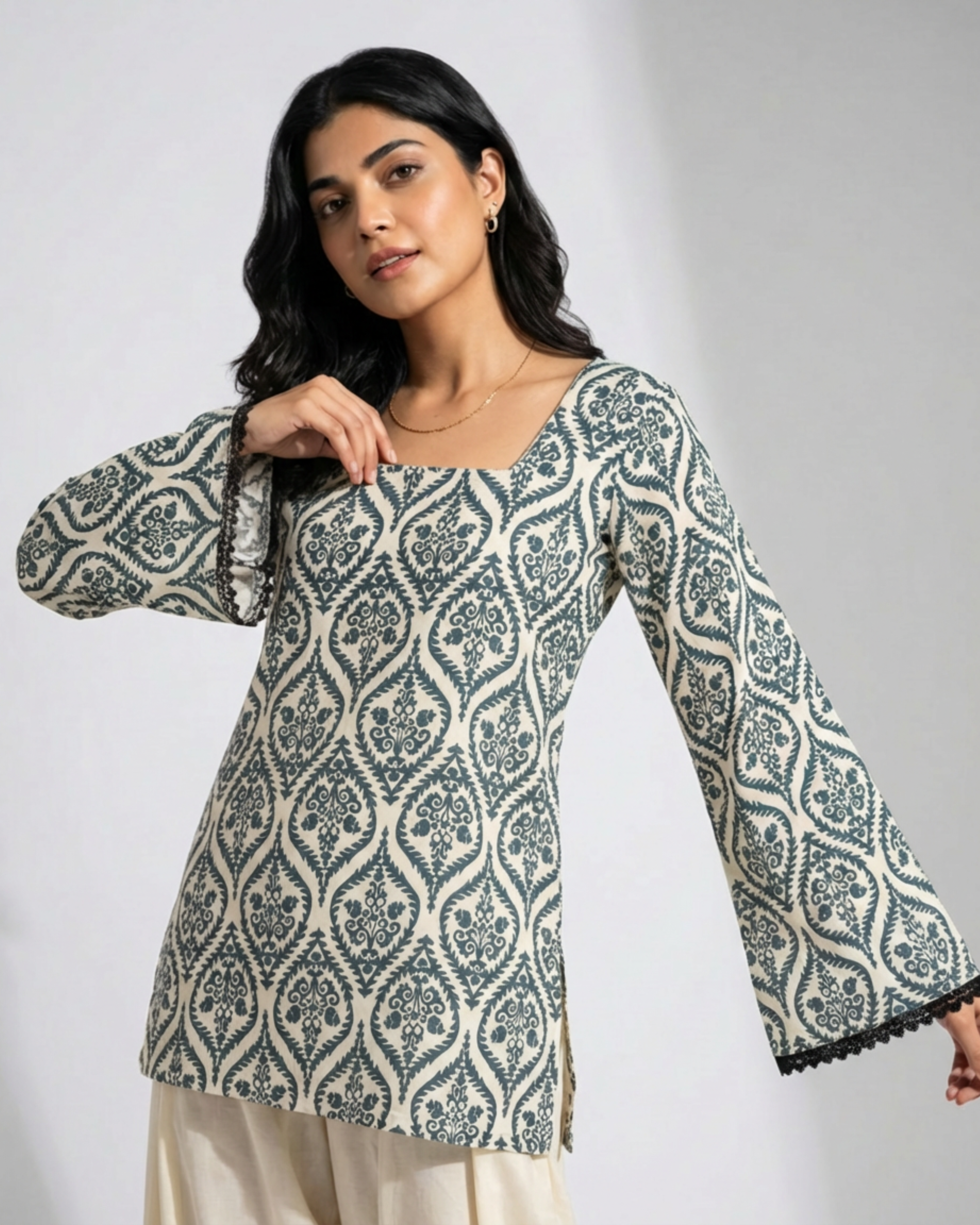 Green Print Bell Sleeve Kurta