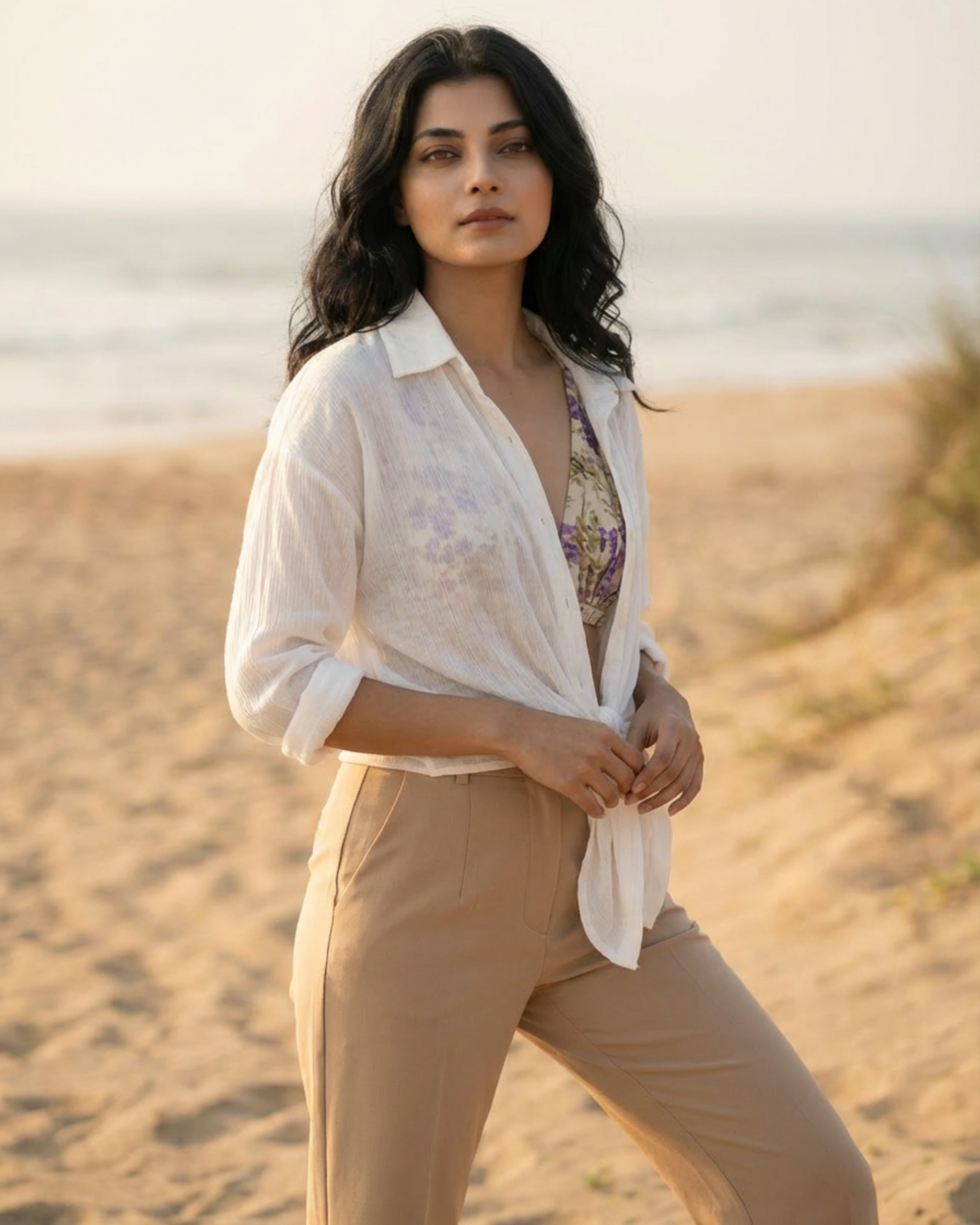 Beige & Purple Floral Deep V Bralette