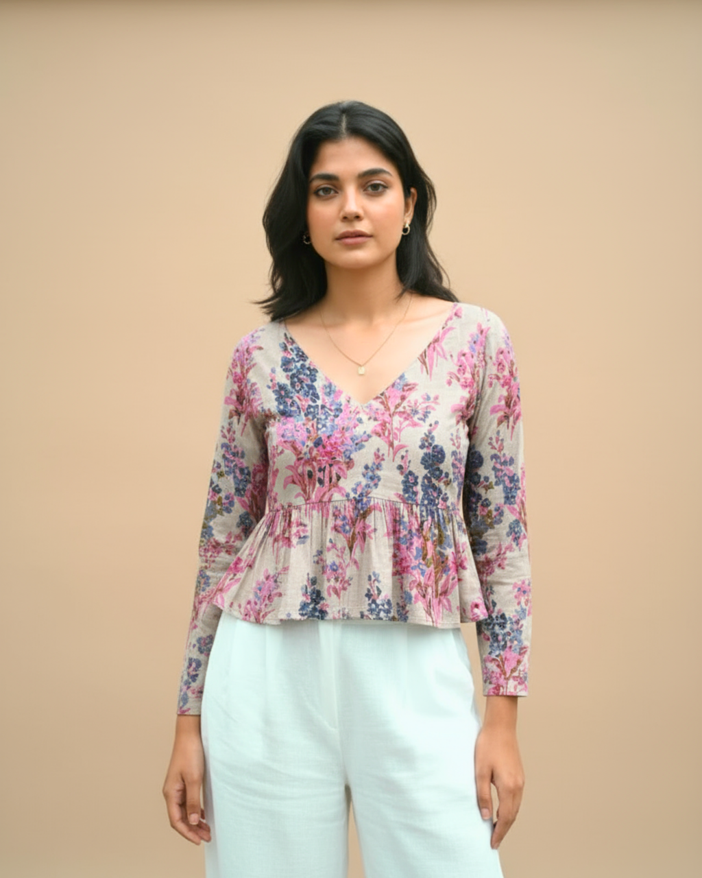 Pink Floral V-Neck Peplum Kurti