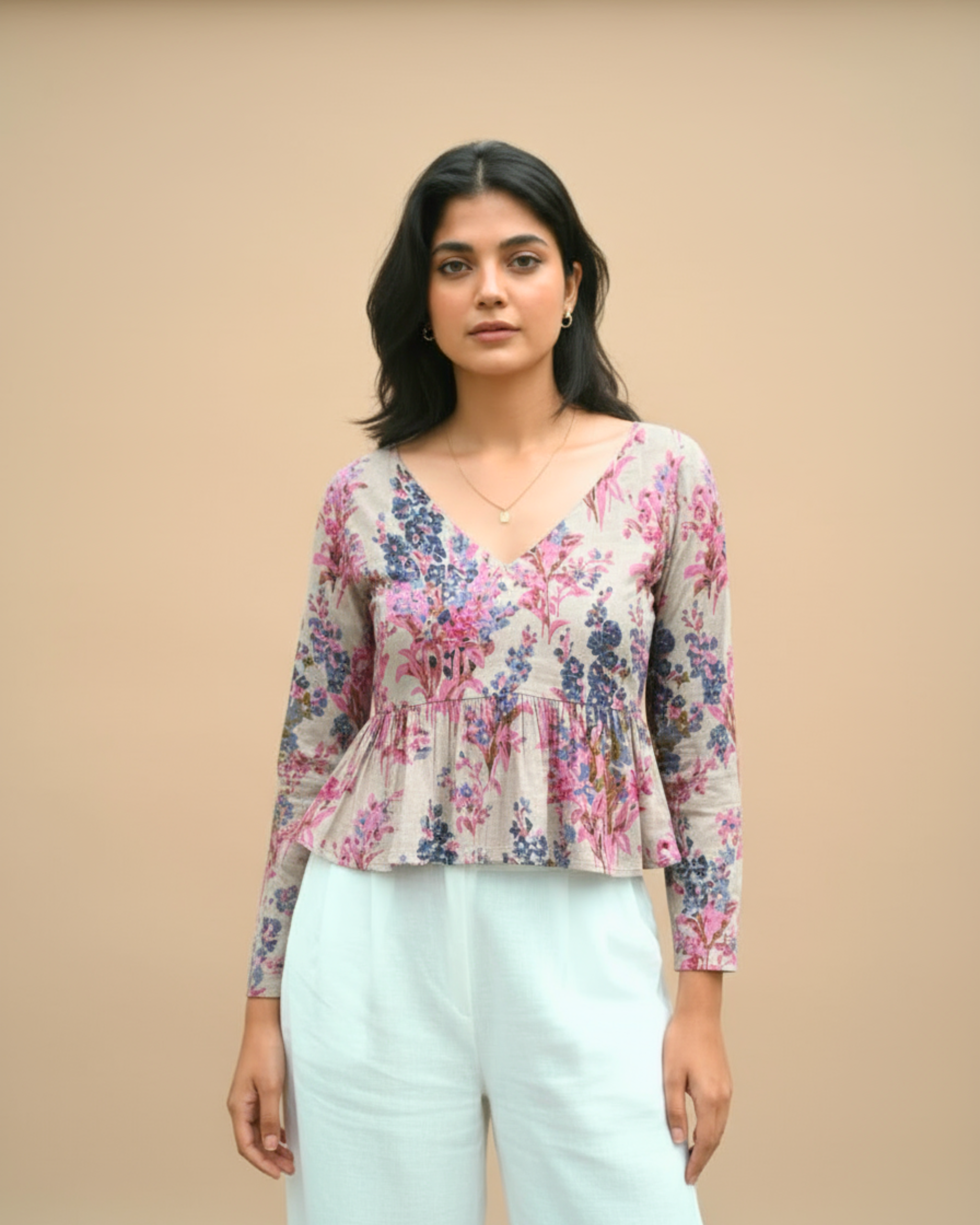 Pink Floral V-Neck Peplum Kurti