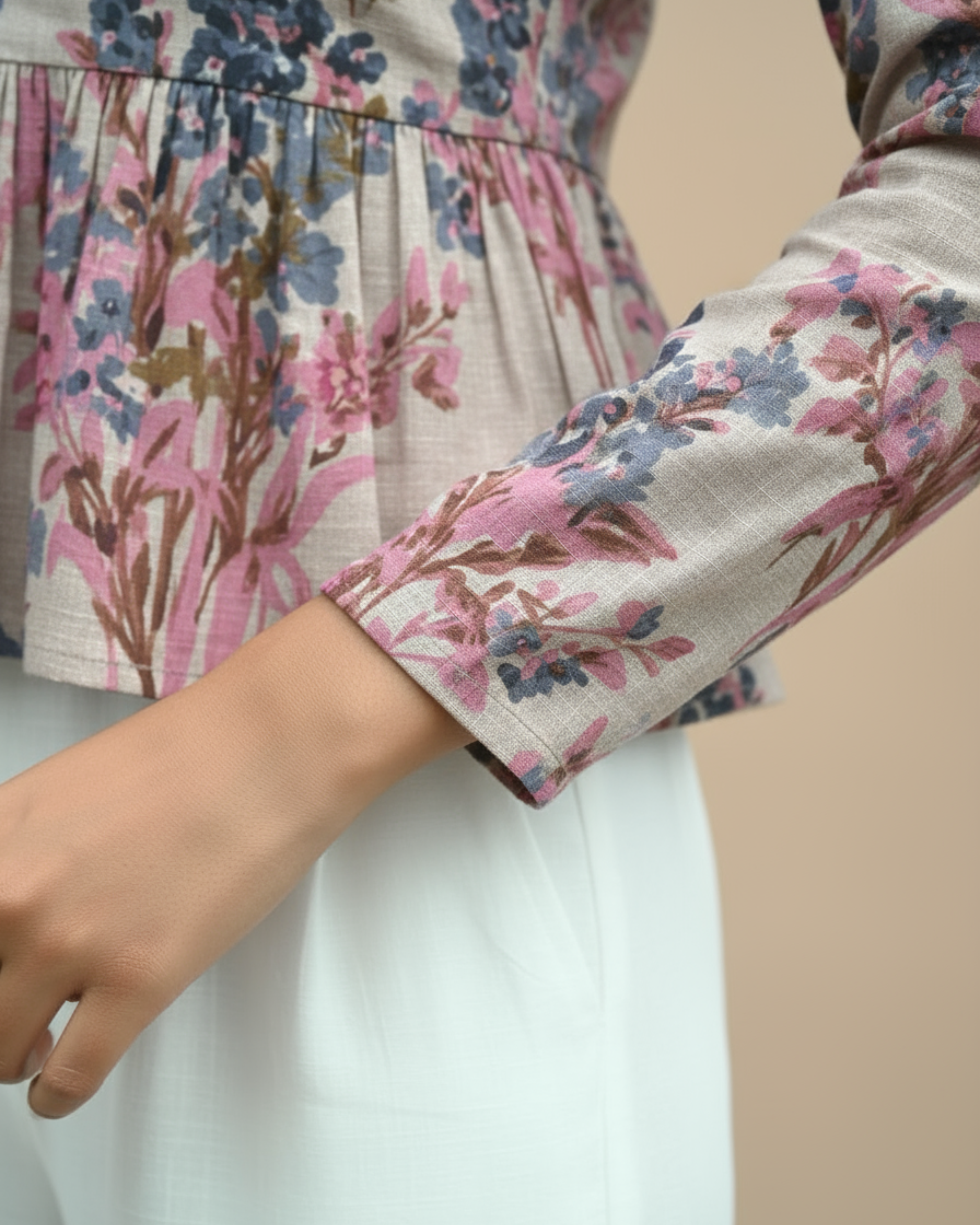 Pink Floral V-Neck Peplum Kurti