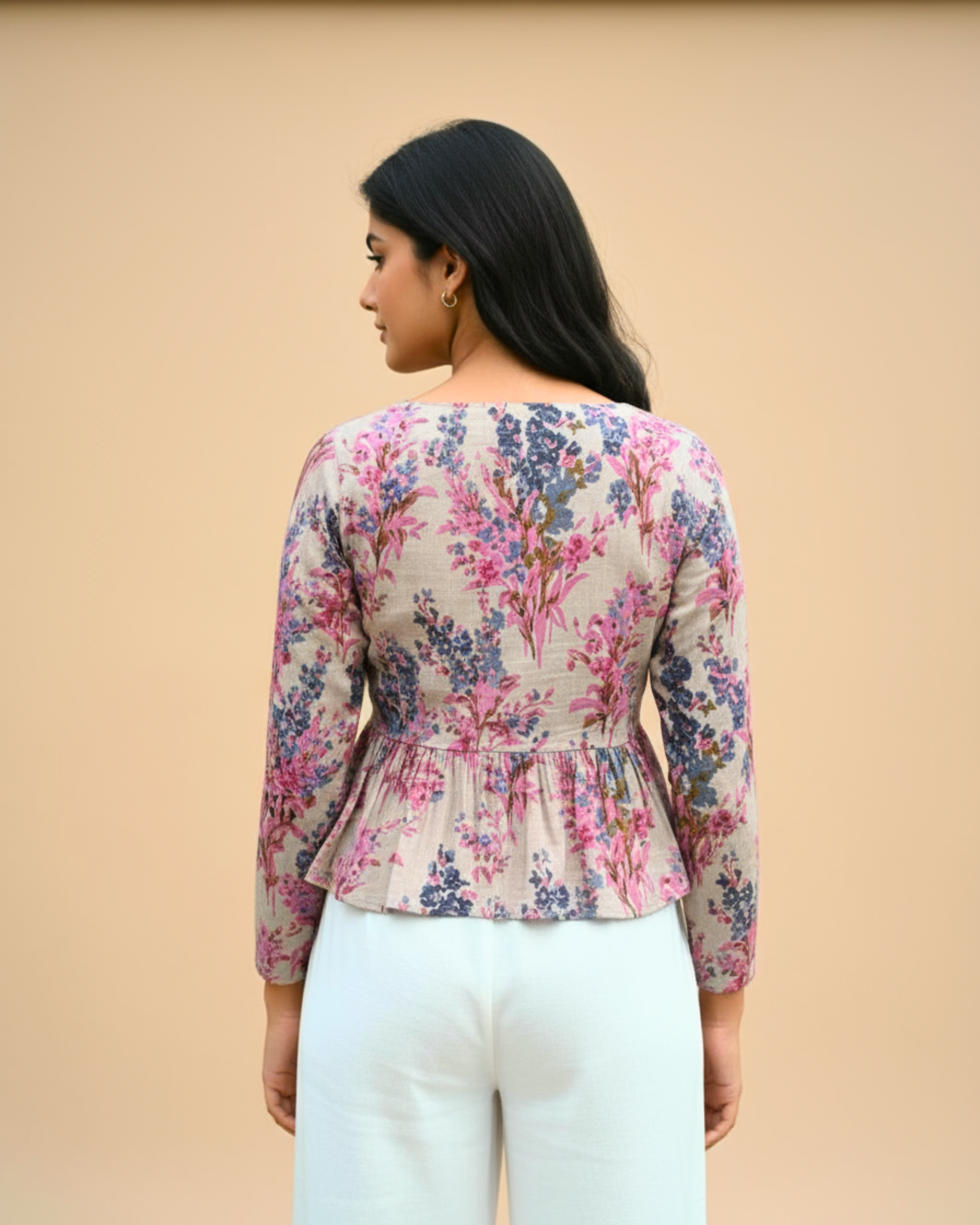 Pink Floral V-Neck Peplum Kurti