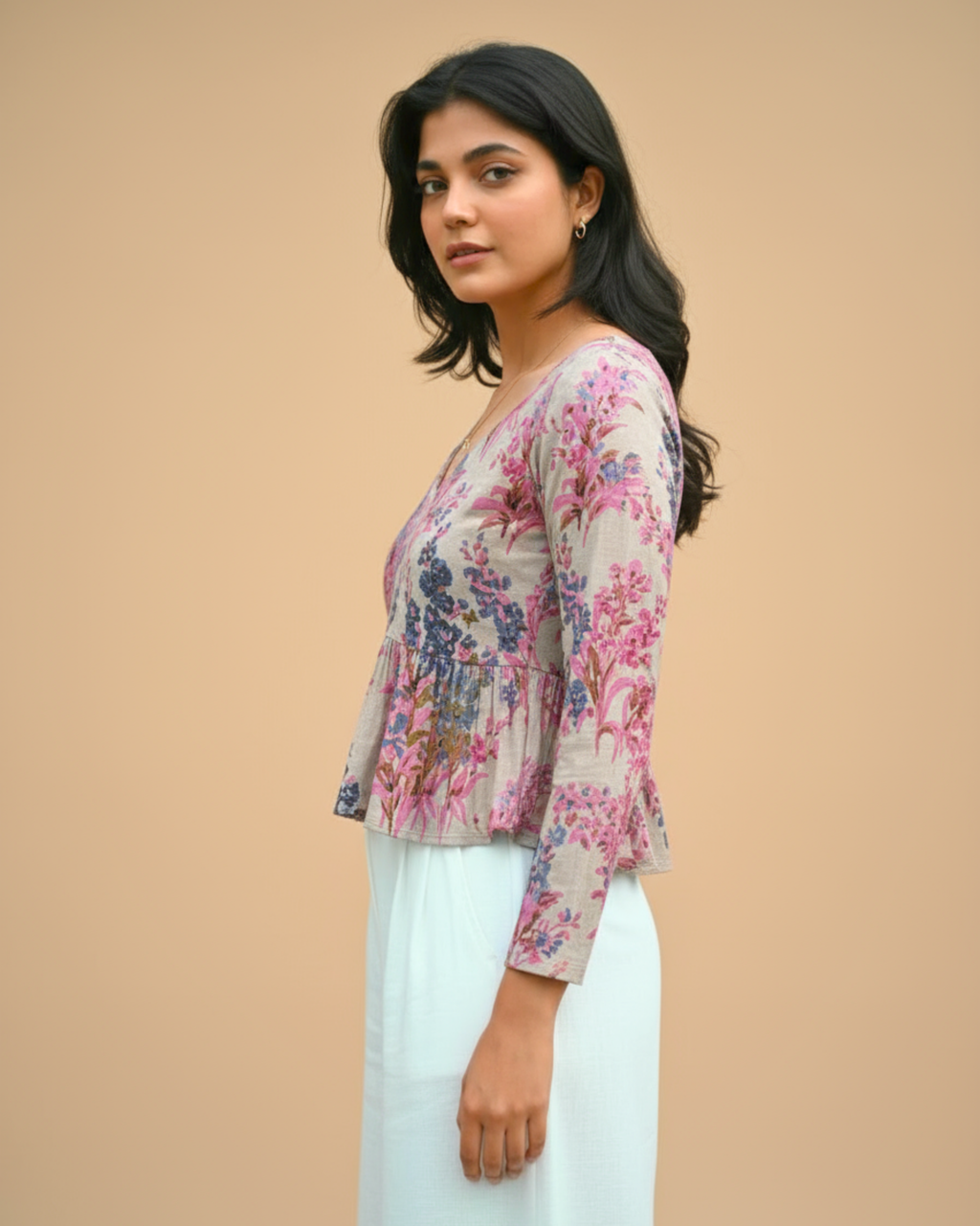 Pink Floral V-Neck Peplum Kurti