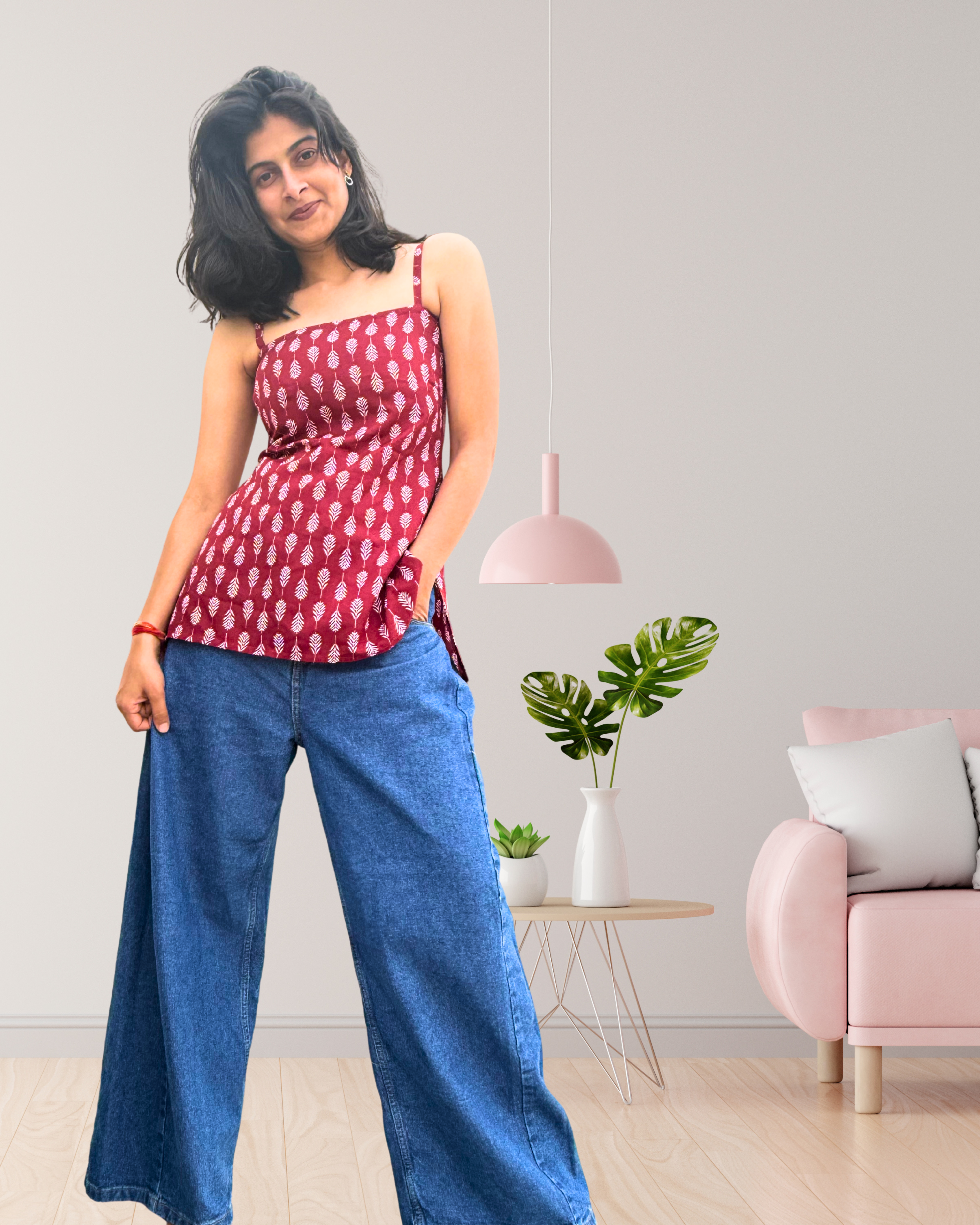 Red Leaf Pattern Corset Kurti